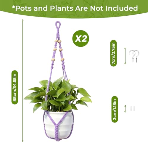 Macrame Plant Hanger, Up to 4-15 inch Pots, Wood Beads Cotton Hanging Planter Holder for Indoor Outdoor Boho Home Decor, 35 Inch, Set of 2 (Purple) - color: Purple