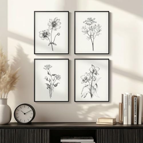 Framed Black and White Bathroom Wall Art, 4 Piece Vintage Floral Canvas Prints Artwork for Farmhouse, Rustic Minimalist Flower Botanical Pictures for Bedroom Living Room Wall Decor, 8x10x4 (Pack) - color: Sketch - Black Framed, size: 8" W x 10" H x 4pcs