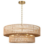 26 Inch Boho Rattan Chandelier, 6-Lights Hand Woven Bohemian Chandeliers with 2-Tier Drum Wicker Shade, Modern Farmhouse Large Pendant Light Fixture for Dining Room Living Entryway Bedroom - color: Gold Metal, size: 26 Inch