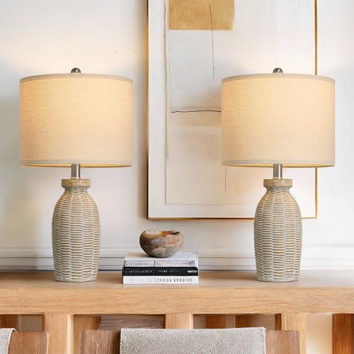 22.75" Table Lamps for Living Room Small Lamps for Bedroom Bedside Lamps Set of 2 Boho Lamps for Night Stands Nightstand Lamp Farmhouse Vintage Rustic Modern Side End Table Lamp Light Home Deco Gifts - color: Grayish White & Wood Accents