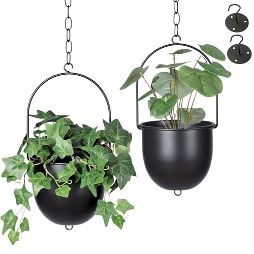 Shineloha 2 Pack Metal Hanging Planters for Indoor Outdoor, with 5.5 Pot, Modern Hanging Planter | Black Plant Hanger, Ceiling Plant Hangers. NO Plant incld. (Small, 2 Packs) - color: Black, size: Medium