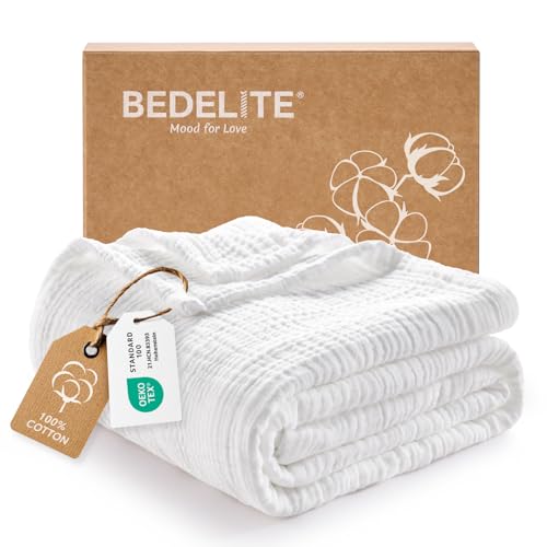 BEDELITE 100% Cotton Muslin Blankets for Adults - 4-Layer Twin Size Breathable and Lightweight Gauze Blanket for Couch, Bed, Travel and Summer, Soft & Cozy Gift for Women, White, 60"x80" - color: White, size: Twin(60"x80")