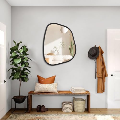 Black Asymmetrical Wall Mirror Large 20"x16" Irregular Oval Mirror Modern Wood Frame Unique Shape Wall Mounted Vanity Artistic Mirrors Decorative for Living Room Bedroom Bathroom Hallway - color: Black, size: 20"L x 16"W