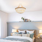 Wood Beaded Mini Chandelier Farmhouse Bohemia Semi Flush Mount Ceiling Light Rustic 3-Light Ceiling Lighting Fixtures for Bedroom Dining Nursery Room Girl Room Hallway, White, Dia 15 Inch