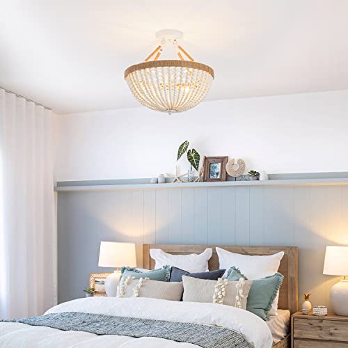Wood Beaded Mini Chandelier Farmhouse Bohemia Semi Flush Mount Ceiling Light Rustic 3-Light Ceiling Lighting Fixtures for Bedroom Dining Nursery Room Girl Room Hallway, White, Dia 15 Inch