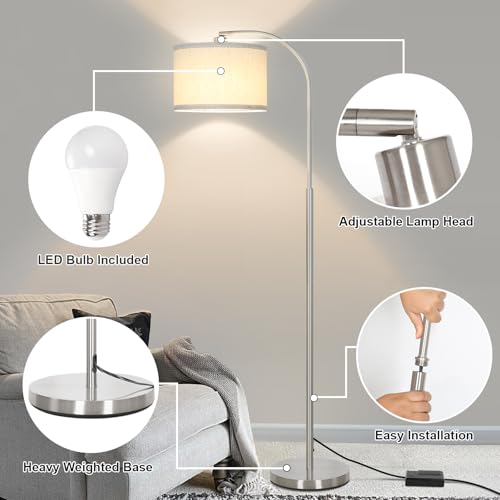 Arc Floor Lamp, Dimmable Floor Lamp for Living Room, Standing Lamp with Adjustable Drum Shade, Tall Pole Lamp for Bedroom Study Room Office, 9W 3000K LED Bulb Included - color: Silver
