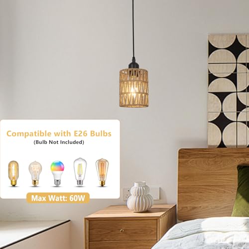 LAMSU 1-Light Rattan Pendant Lights, Boho Farmhouse Pendant Lighting with 4.7×5.9in Hand Woven Shade, Small Wicker Light Fixture Ceiling Hanging for Dining Room Kitchen, Height Adjustable up to 61in - size: 1 Pack