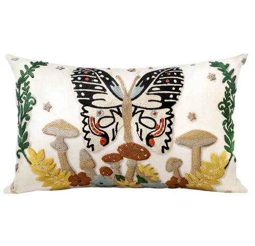 Embroidered Lumbar Pillow Cover - 20x12 Decorative Pillow Cover with Zipper Aesthetic Cute Design Boho Spring Summer Throw Pillowcase for Living Room Couch Sofa Bed, Butterfly Moon - color: Butterfly Moon, size: 20" x 12" (Pack of 1)