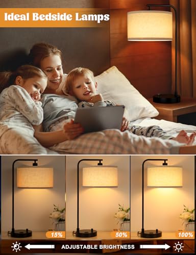Innqoo Tall Table Lamp with USB Port and Outlet, Dimmable Nightstand Bedside Lamps with Linen Lampshade, Desk Lamp for Bedroom, Living Room, Guest Room, Home Office, LED Bulb Included - color: A-Beige Shade & Black Base