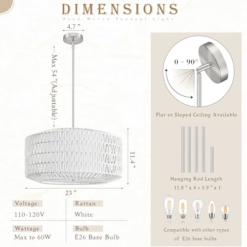 23 inch White 5 Light Rattan Light Fixture Woven Pendant Lights Rattan Farmhouse Chandeliers Fabric Shade Boho Chandelier for Dinning Room Kitchen - color: 23"-White-Prism