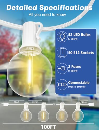 SUNSGNE G40 Globe White String Lights Outdoor - 100FT White Patio Lights with 52 Shatterproof Dimmable LED Bulbs(2 Spare) for Room Party Bistro Pergola Tents Decor - color: Warm White-White, size: 100FT