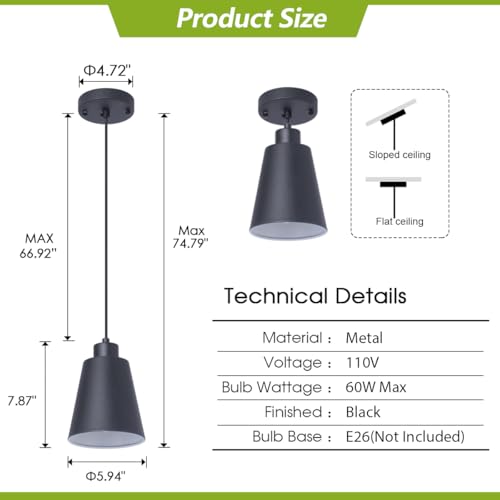 Modern Black Pendant Light Fixture 5.94'' (3-Pack) Mini 1-Light Pendant Lighting 3-Pack for Kitchen Island Industrial Hanging Pendant Light Cup Shade for Christmas Gift,Dining Room,Bar,E26,MAX60W - color: Mini Black 3-PACK