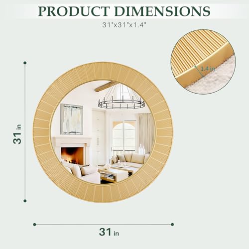 Gold Round Wall Mirror - 31 Inch Large Gold Circle Wall Decorative Mirrors for Decor, Modern Art Accent Mirror with Golden Carved Framed for Living Room, Dining Room, Entryway, Bedroom - color: Round-gold