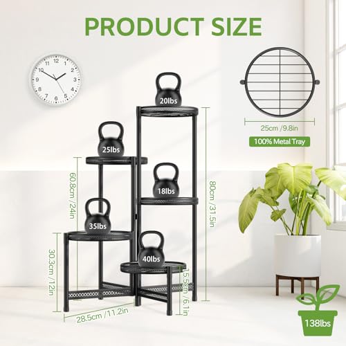 iDavosic.ly 5 Tier Large Plant Stand Indoor with 10-Inch Wide Drainage Tray, Tiered Corner Metal Outdoor Flower Display Holder Shelf, Folding Tall Rack for Patio Porch Balcony, Black Iron Carving - color: Black Openwork (with Drainage), size: 5 Tiers