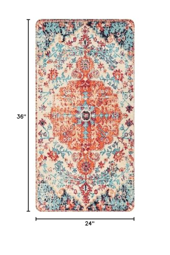 Lahome Bohemian Floral Medallion Runner Rug - 2x4 Washable Laundry Room Hallyway Runner Rug Doormat,Oriental Distressed Faux Wool Non-Slip Bath Mat Low-Pile Carpet for Kitchen Bathroom Entryway,Orange - color: Orange/Multi, size: 2' x 4' (Runner)