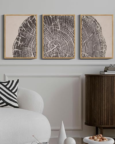 PHOPAGO Farmhouse Vintage Framed Wall Art Set Gray Wood Tree Ring Spirals Nature Abstract Drawings Rustic Modern Art Decor for Living Room Bedroom - 11x14in Natural Framed - color: Oak Tree Ring, size: 11" x 14" x 3 Pcs Natural