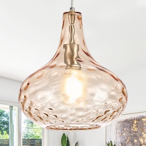 11" Amber Hammered Glass Pendant Light – Brushed Nickel Finish, Adjustable Hanging Cord, Modern Farmhouse Ceiling Light for Kitchen Island, Dining Room, Hallway - color: Amber