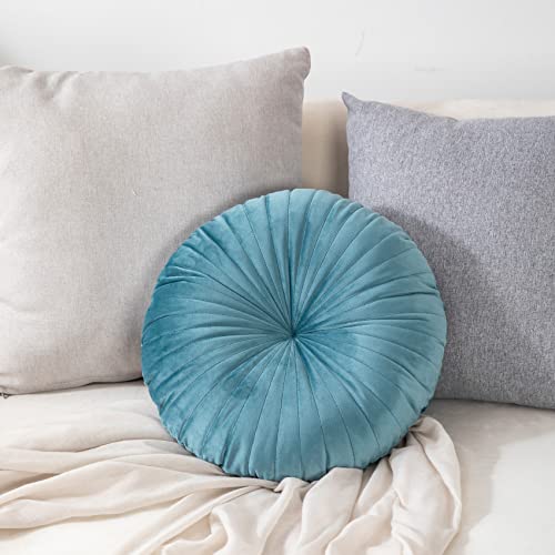 HLOVME Round Pillow Cushion for Couch Velvet Decorative Small Throw Pillow Solid Color for Living Room Bed Floor 15.7”, Lake Blue - color: Z01-lake Blue