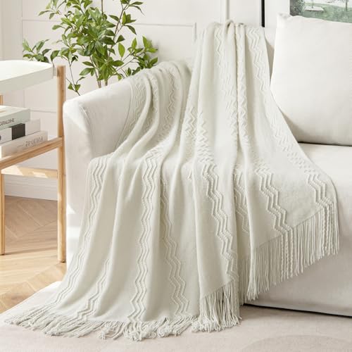 MIULEE Cream White Knitted Throw Blanket for Couch Textured Knit Blanket with Tassels Cozy Woven Boho Bed Blanket for Sofa Bed Chair Acrylic Wave Pattern 50"x60" - color: Cream White, size: 50" x 60"