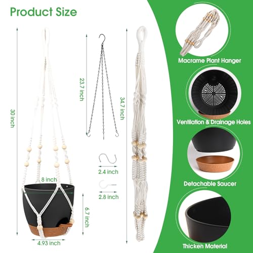 Hanging Planters for Indoor Outdoor Plants, 2 Pack Self Watering Hanging Pot with Drainage Holes, Removable Tray & 2 Kinds of Plant Hangers, 8'' Hanging Flower Pots for Home Garden Decor, Black - color: Ivory+black+black, size: 8''