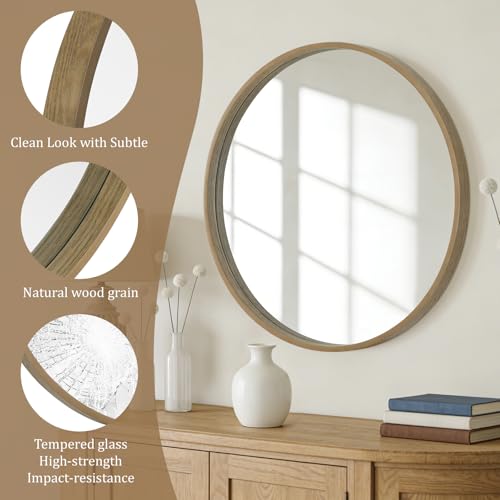 WallBeyond Round Wood Mirror, 32" Round Modern Decoration Large Circle Wall Mirror for Bathroom Living Room Bedroom Entryway, Honey - color: Honey, size: 32"L x 32"W