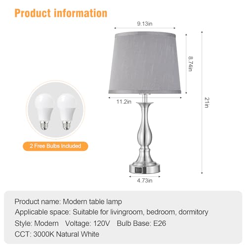 Bedside Table Lamp Touch Control Bedroom Lamps with USB A + C Charging Port 3 Way Dimmable Touch Lamps for Nightstand Living Room Bedroom Dorm Home Office Reading, Set of 2 (Grey Shade & Nickel Base) - color: Grey Shade & Nickel Base