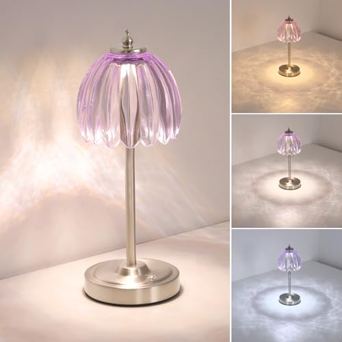 Shenmoyl Tulip Table Lamp with 5200mAh Battery & Touch Control, Cordless Small Table Lamp with 3 Colors, Dimmable Rechargeable Table Lamps for Living Room, Bedroom, Desk, Bedside (Clear Purple Tulip) - color: Clear Purple, size: 1 Pack