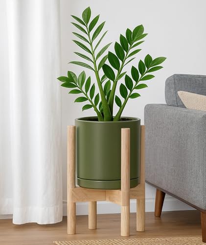 D'vine Dev Ceramic Planter with Natural Stand - 8 Inch Modern Round Flower Pot with Wood Planter Holder, Olive, 55-B-N-J - color: Olive Pot + Natural Stand, size: 8 Inch