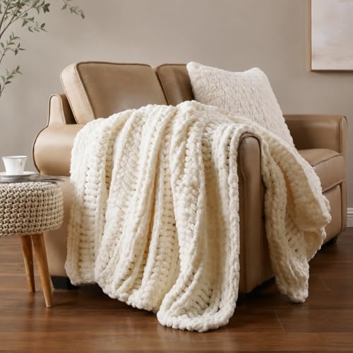 Battilo Chunky Knit Throw Blanket for Couch, Hand Made Chenille Throw Blanket, Super Soft Warm Cozy Cream White Blanket for Bed, Sofa, Living Room, 50"x60" - color: Cream White