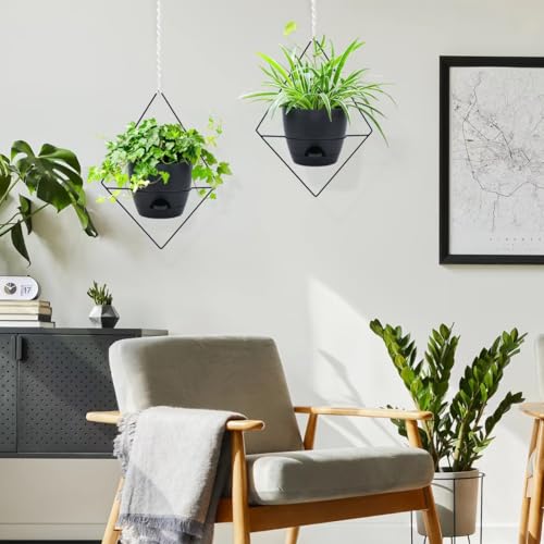 Koalaime Hanging Planters for Indoor Plants, 2 Set Self Watering Hanging Flower Pots, Modern Hanging Plant Baskets with Metal Plant Holder & 6.5 Inch Plastic Pots for Garden Home Decor (Black) - color: Black Frame Black Pot