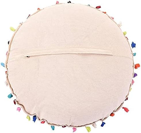 Indian Handmade Patchwork Codework White Round Pouf Cover Ottoman Floor Pillow Cushion Seating Throw Decorative Pom Pom Pillow Cases Bohemian 32 Inches