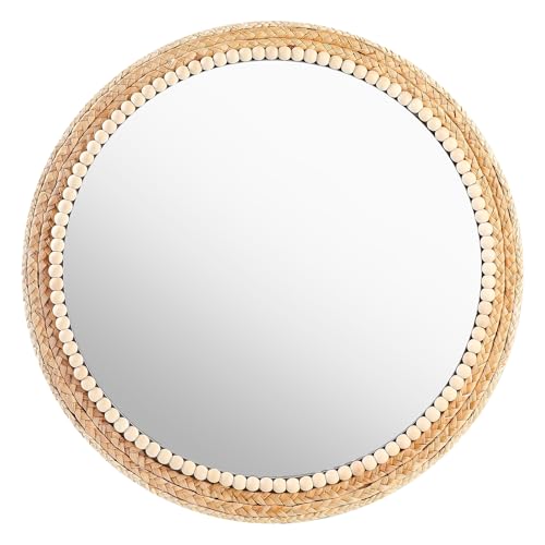 21 Inch Boho Round Hanging Wall Mirror Decorative Rattan Circle Wall Mounted Mirror for Farmhouse, Living Room, Bedroom, Bathroom - color: 21 Inch Wood