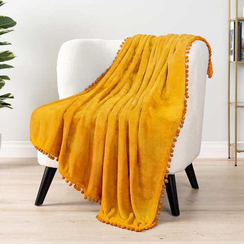 PAVILIA Fleece Throw Blanket for Couch with Pom Pom Fringe, Mustard Yellow, Soft Cozy Fuzzy Flannel Blanket for Sofa Bed, Large Lightweight Plush All Season Throw, 60x80 Inches - color: Mustard Yellow, size: 60"x80"