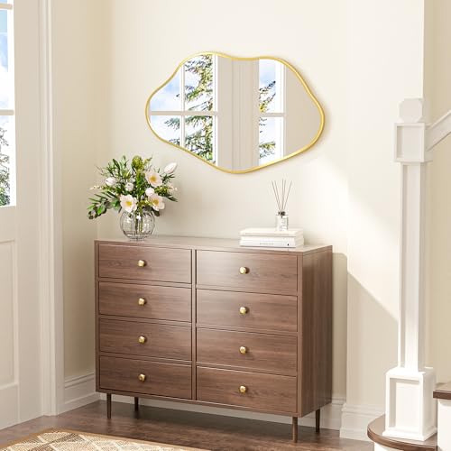 Keonjinn Gold 40" x 24" Inch Irregular Mirrors for Wall, Asymmetrical Wave Metal Frame, Tempered Glass, Decorative Mirror for Bathroom, Bedroom, Living Room, Entryway(Horizontal/Vertical) - color: Gold, size: 24"L x 40"W