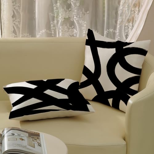Black And Cream Pillow Covers 16x16 Set Of 2 Geometric Abstract Modern Art Line Throw Pillow Covers Boho Minimalist Style Decorative Pillowcase Linen Cushion Case Decoration For Home Sofa Outdoor - color: Art Line 2, size: 16" x 16" (Pack of 2)