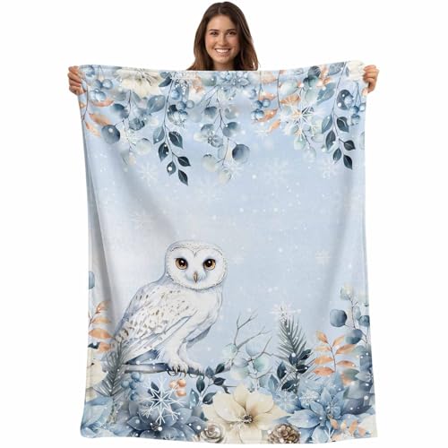 Blue Christmas Throw Blankets, Winter Snowy Owl Poinsettia Eucalyptus Leaves Soft Fleece Blanket Decorative for Home Sofa Couch Chair Living Bedroom,40x50 Inches, - color: Christmas-lxm13105, size: 40x50 Inch