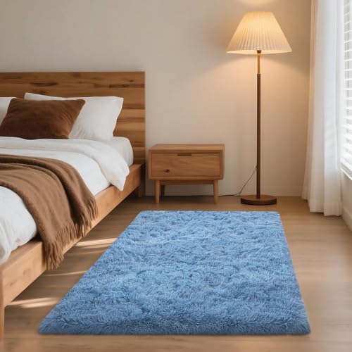 3x5 Rugs for Bedroom, Blue Fluffy Small Area Rugs for Living Room, Soft Shag Fuzzy Carpet Non-Slip for Kids Boys and Girls Nursery Room Dorm Indoor Home Decor (Blue, 3ft x 5ft) - color: Blue, size: 3' x 5' (Rectangular)
