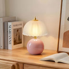 PARTPHONER Mushroom Table Lamp, Ceramic Bedside Lamp with Glass Shade, 3-Way Lighting (2700K-5000K) Rocker Switch, Small Nightstand Lamp for Bedroom, Living Room, Office, Pink - color: Pink