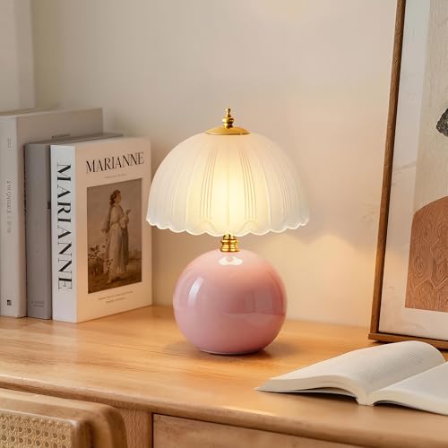 PARTPHONER Mushroom Table Lamp, Ceramic Bedside Lamp with Glass Shade, 3-Way Lighting (2700K-5000K) Rocker Switch, Small Nightstand Lamp for Bedroom, Living Room, Office, Pink - color: Pink