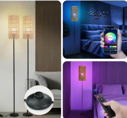 Ruiever 2 Pack Smart Floor Lamp for Living Room,Gaming - Remote, Timer Floor lamp with Remote, APP Control & RGB Standing lamp with Hand-Worked Rattan Shade Bluetooth Bulb Included - style: 2PACK Round Rattan-RGB Bulb