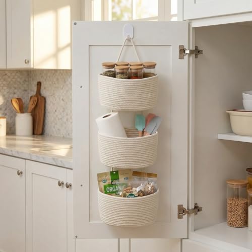 White 3-Tier Woven Cotton Rope Hanging Basket, Over the Door Organizer, Adjustable Detachable Wall Basket with Metal & Adhesive Hooks, No Drilling for Kitchen, Pantry & Fruit Produce Storage - style: White
