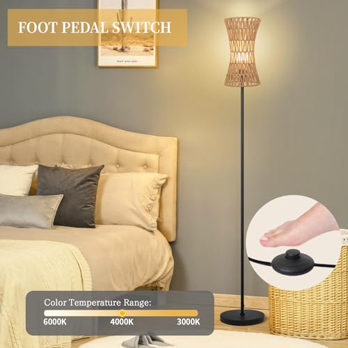 Ruiever Floor Lamp for Living Room,Farmhouse Floor lamp,Modern Standing lamp with Hand-Worked Rattan Shade (Slim Waist Rattan Shade-3 Color Bulb) - style: Slim Waist Rattan Shade-3 Color Bulb