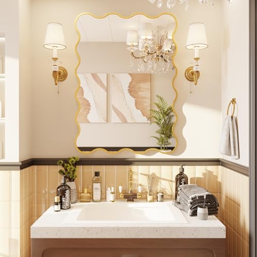Kelly Miller 30x40 Inch Gold Scalloped Mirror, Large Rectangular Wavy Edge Bathroom Vanity Wall Mirror Decorative for Bedroom Living Room Entryway Fireplace Mantle - size: 40"L x 29.2"W