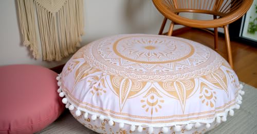 Round Mandala Floor Pillow Cover Seating Cushion Throw Cover Hippie Decorative Bohemian Ottoman Pouf Cover, Pom Pom Pillow Cases,Boho Indian 22 Inches (Gold trishol) - color: Gold Trishol