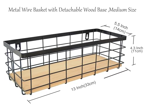 ShabbyDecor Metal Wire Basket Detachable Wood Base Storage Organizer Farmhouse Hanging Basket for Kitchen Cabinets, Bathroom, Pantry, Laundry Room,1 Pack in Black Color,Medium Size - color: Black, size: Medium