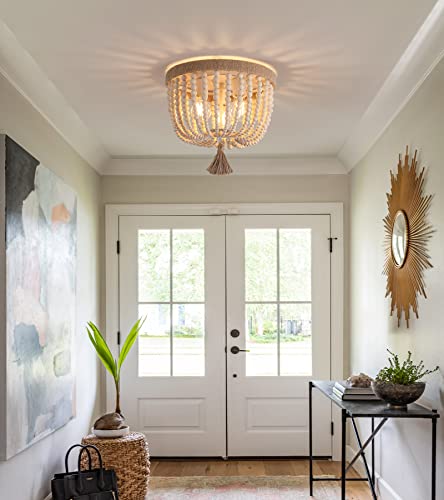 AMZASA Boho Flush Mount Ceiling Light Wooden Beaded Hepm Rope Oak Withe Farmhouse Beaded Chandelier Light Fixture 3 Lights for Nursery Bedroom Hallway Entryway - color: Hemp Rope