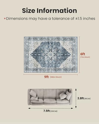 AMADA HOMEFURNISHING 6x9 Area Rugs, Blue Low-Profile Washable Rug with Non-Slip Backing & Durable Edge Binding, Vintage Rugs for Living Room, Bedroom, Dinning Room - color: Blue, size: 6' x 9' (Rectangular)