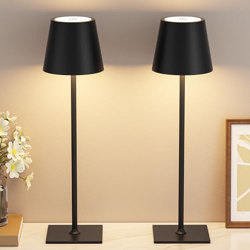 Kakanuo Cordless Rechargeable Table Lamp Black 5000mAh Battery Operated Lamps, 3 Colors Stepless Dimming Touch Lamp for Living Room, Kitchen Counter, Dining, Outdoor Patio, 2 Pack - color: Black 1, size: 2 Pack 14in - Up and Down Light