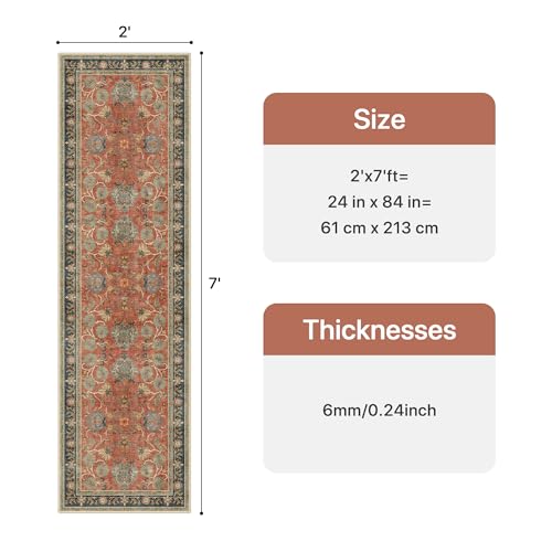 Bavni 2x7 Washable Runner Rug Non Slip, Vintage Distressed Accent Hallway Runner, Low Pile Coral Red Blue Carpet Stain Resistant, Kitchen Runner Floral Rugs for Entryway, Bedroom, Laundry, Nursery - color: Coral Blue, size: 2' x 7' (Rectangular)