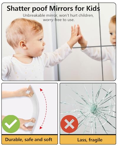 Unbreakable Mirror Tiles, 4PCS 14”x14” Peel And Stick on Mirror for Wall Mirrors Decorative, Toddlers for Kids Bedroom, Plastic Gym Frameless Door Small Adhesive Mirrors for Classroom Decor Stickers - color: Silver, size: 4pcs-14x14 inch